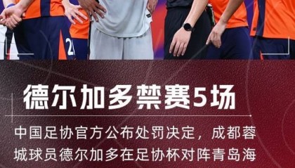 朱艺：蓉城止步足协杯半决赛，德尔加多剩余5场停赛在中超执行